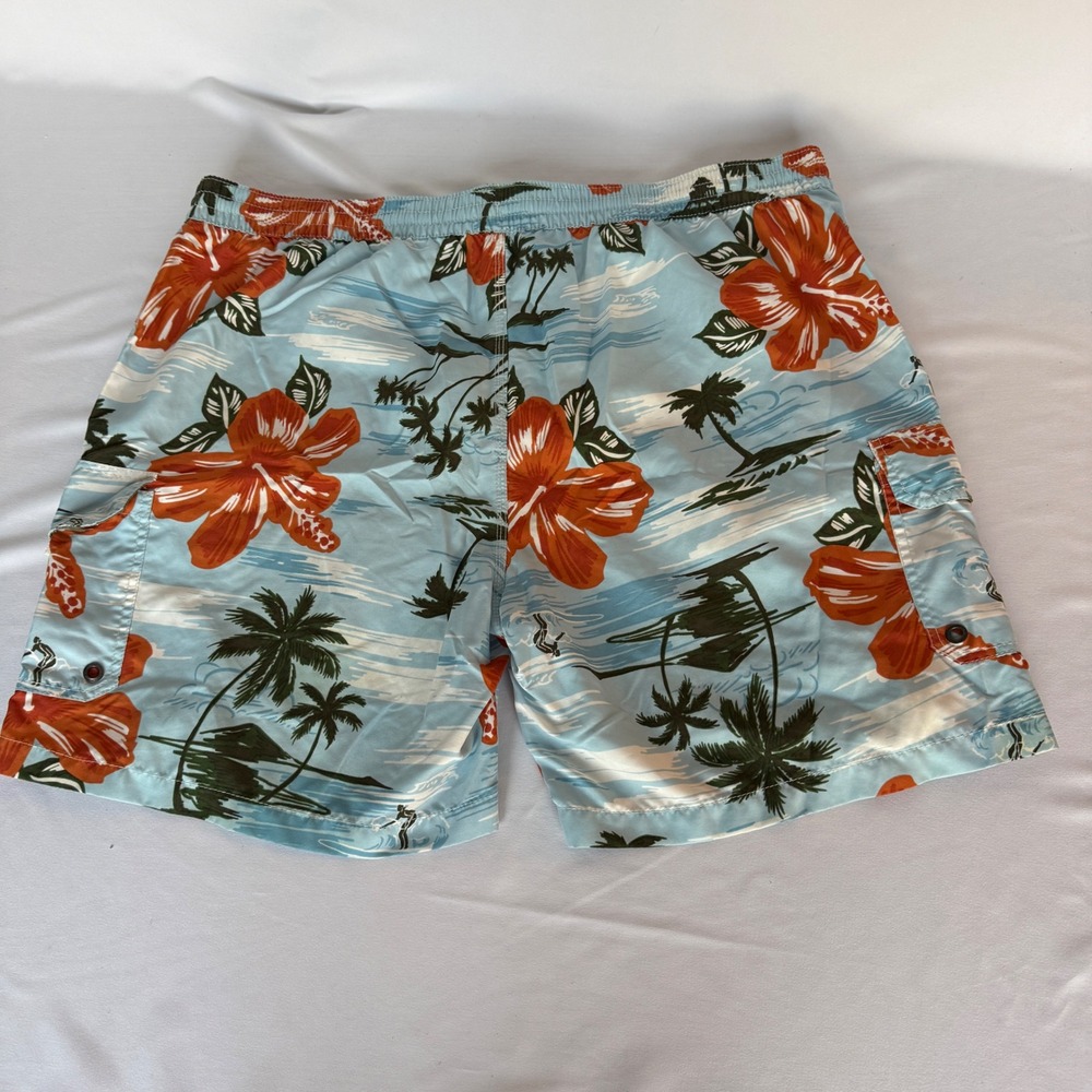 Caribbean Joe Mens XXL Swim Trunks Blue Hibiscus Surfer Cargo Board Shorts